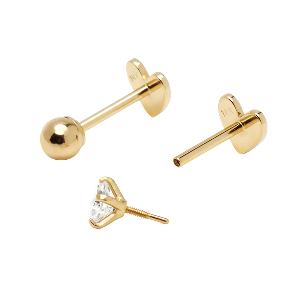 GOLD CZ 4PRONG HEAD / HEART INTERNAL THREAD BODY PIERCING & EARRING